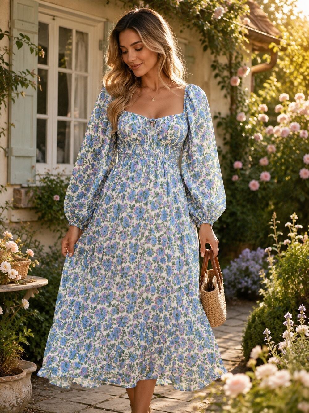 NWT For Love & Lemons Blue Floral Smocked Midi Dress Cottagecore Romantic 2X